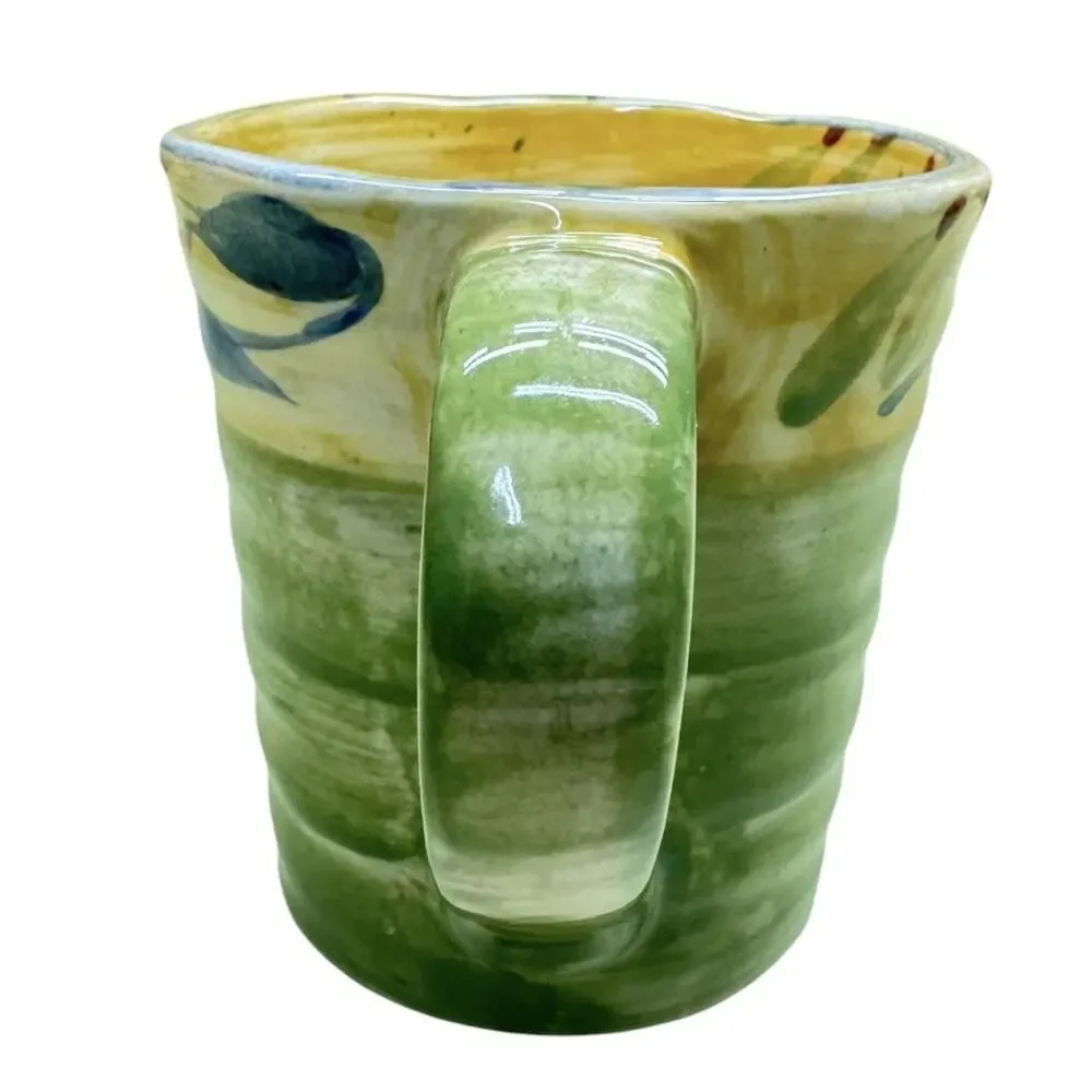 Pier 1 Elizabeth Mug Set of 2 Floral Handpainted Stoneware Green Floral 16 oz